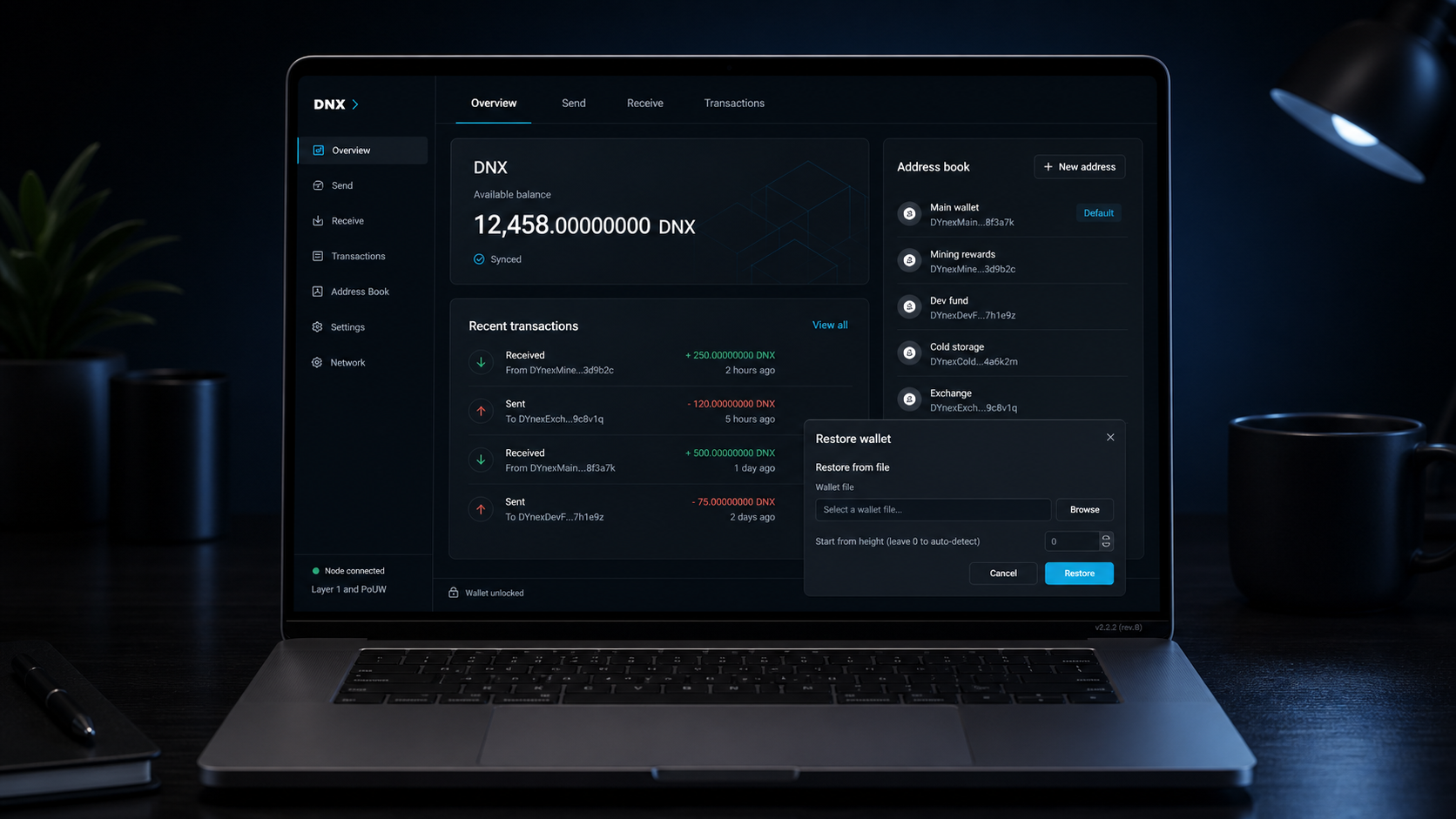 Dynex desktop GUI wallet mockup with overview, transactions, and restore controls