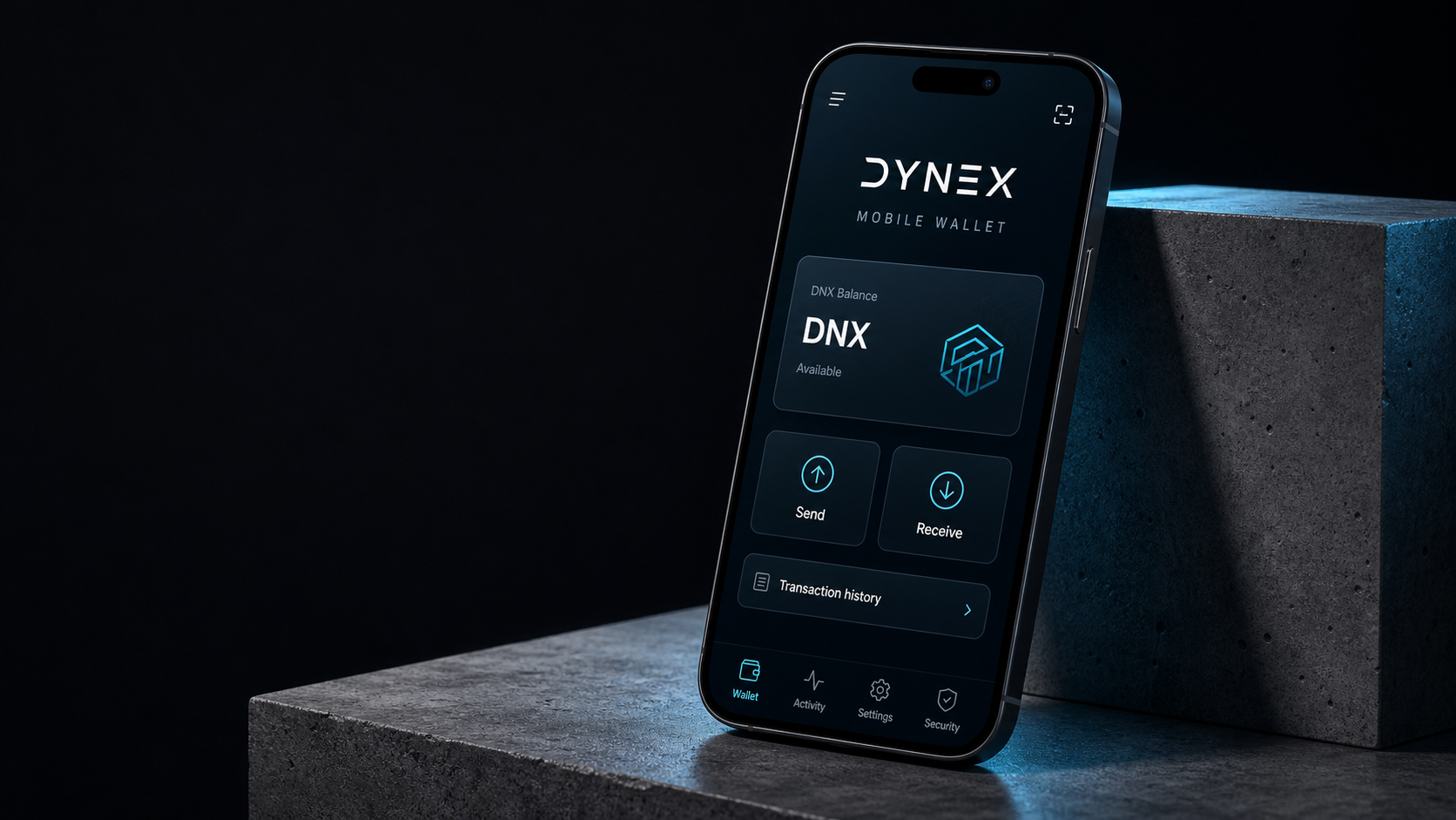 Dynex mobile wallet mockup showing DNX balance, send, and receive controls
