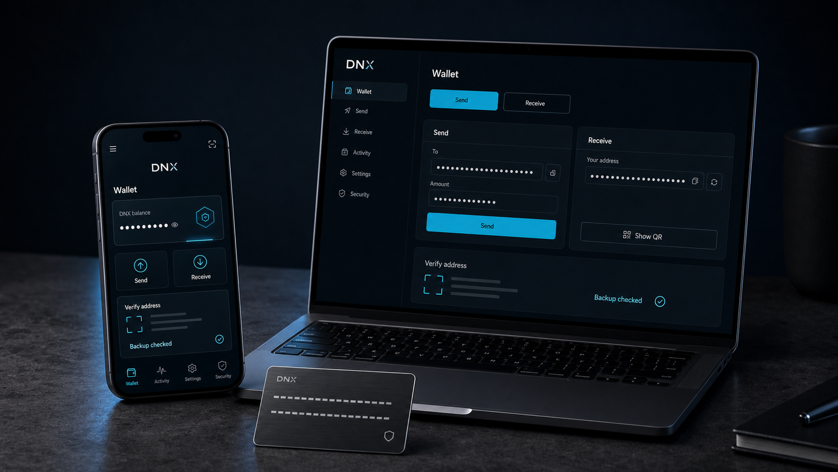 Dynex wallet security mockup showing masked address verification and backup checked
